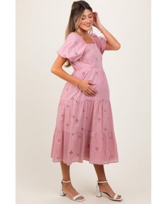 Maternity Pink Eyelet Square Neck Midi Dress