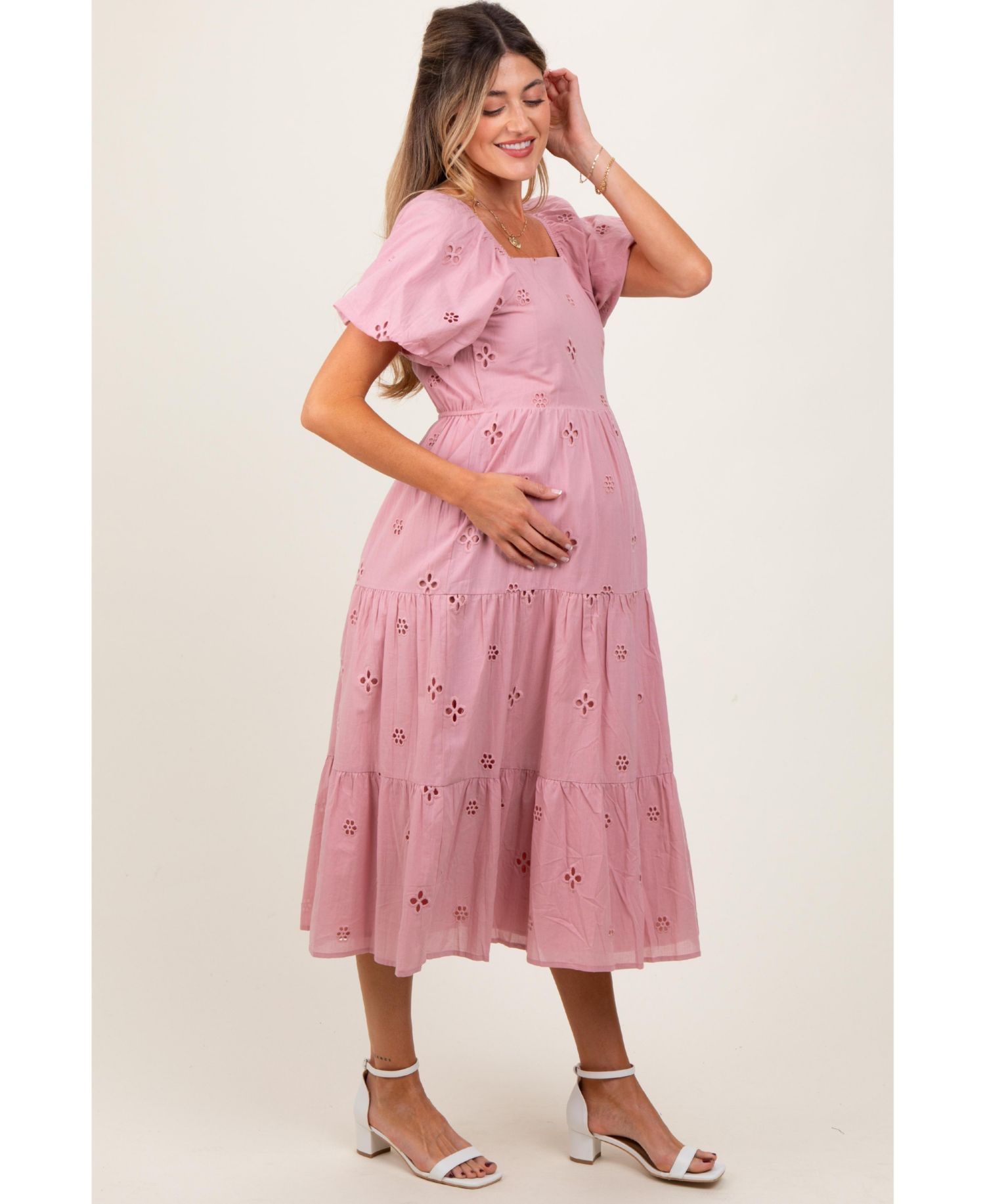 Women's Pink Eyelet Square Neck Midi Dress