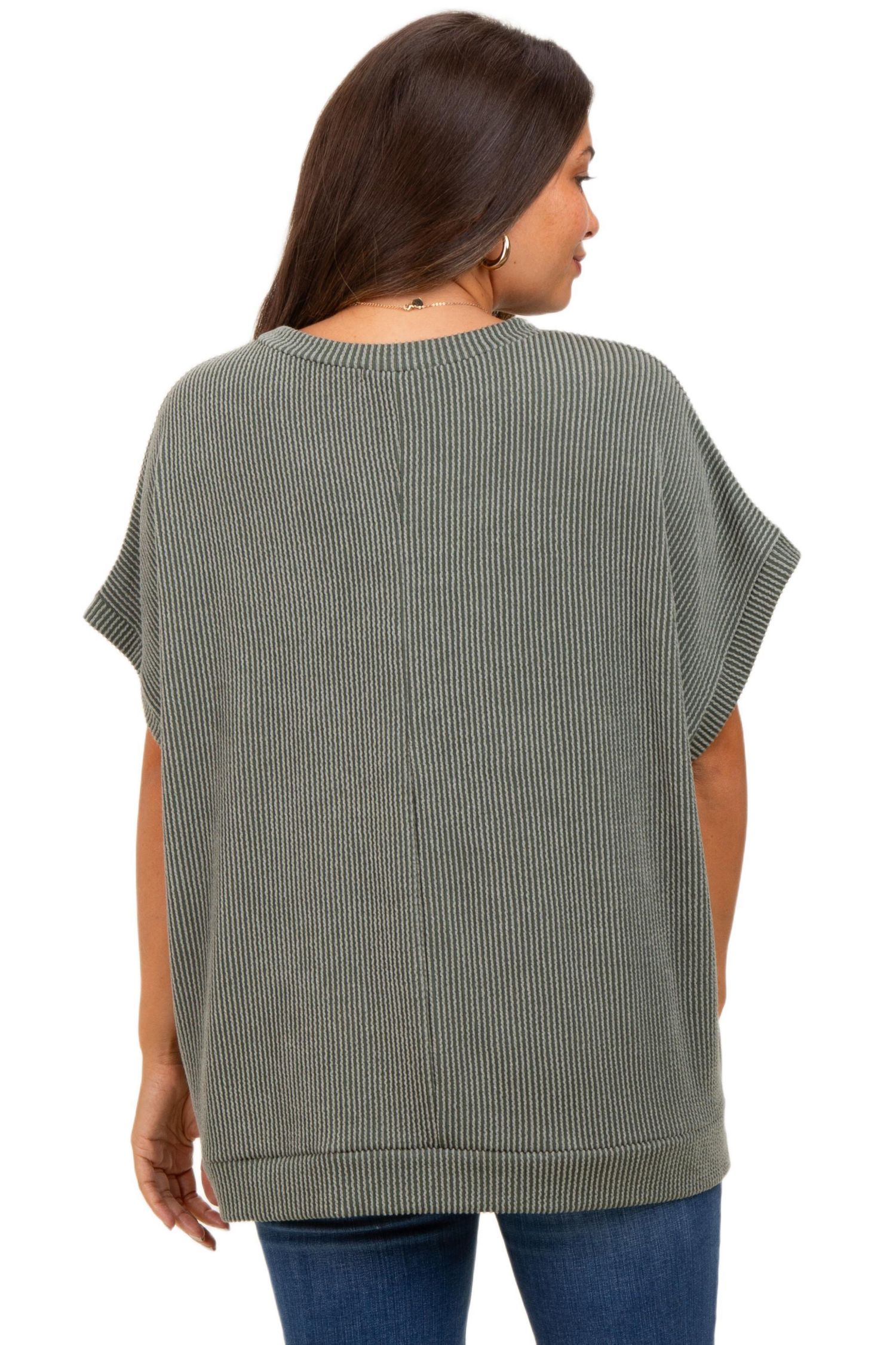 Women's Mocha Solid Ribbed Short Sleeve Oversized Tunic Top