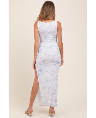 Maternity Ivory Floral Ruched Side Slit Midi Dress