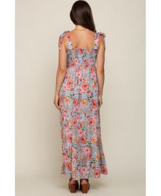 Maternity Light Blue Floral Smocked Shoulder Tie Tiered Maxi Dress