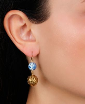 Gold Tone Blue Willow Bead Drop Earrings
