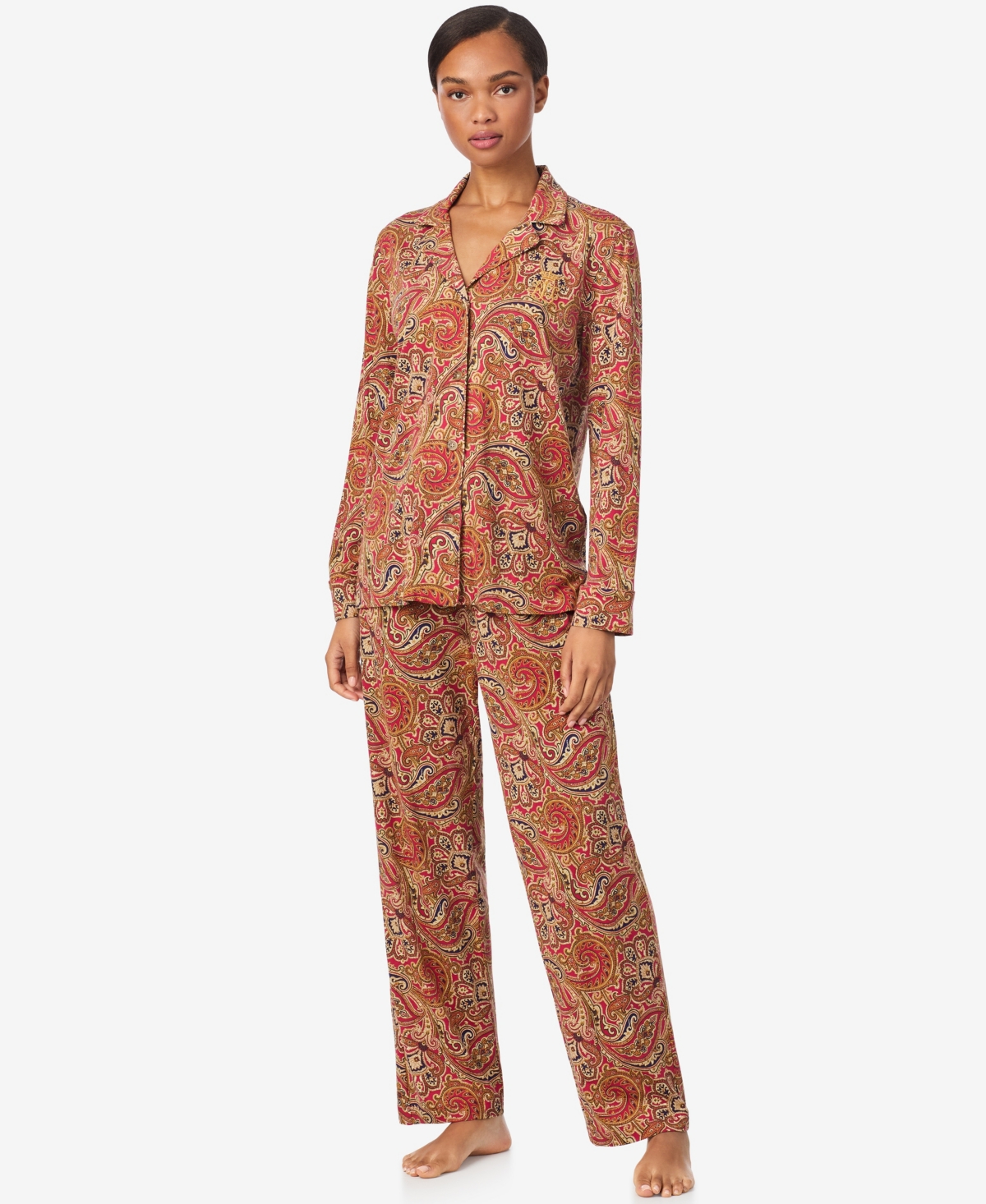 Ralph Lauren Women's Long Sleeves Notch Collar Pajama Set In Red
