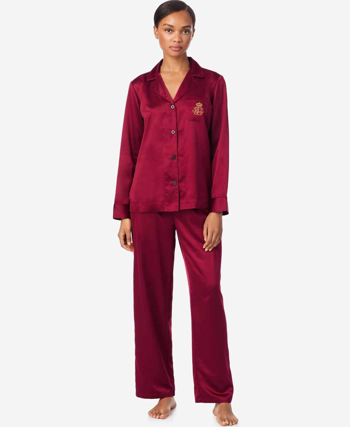 Ralph Lauren Women's Long Sleeves Notch Collar Pajama Set In Red