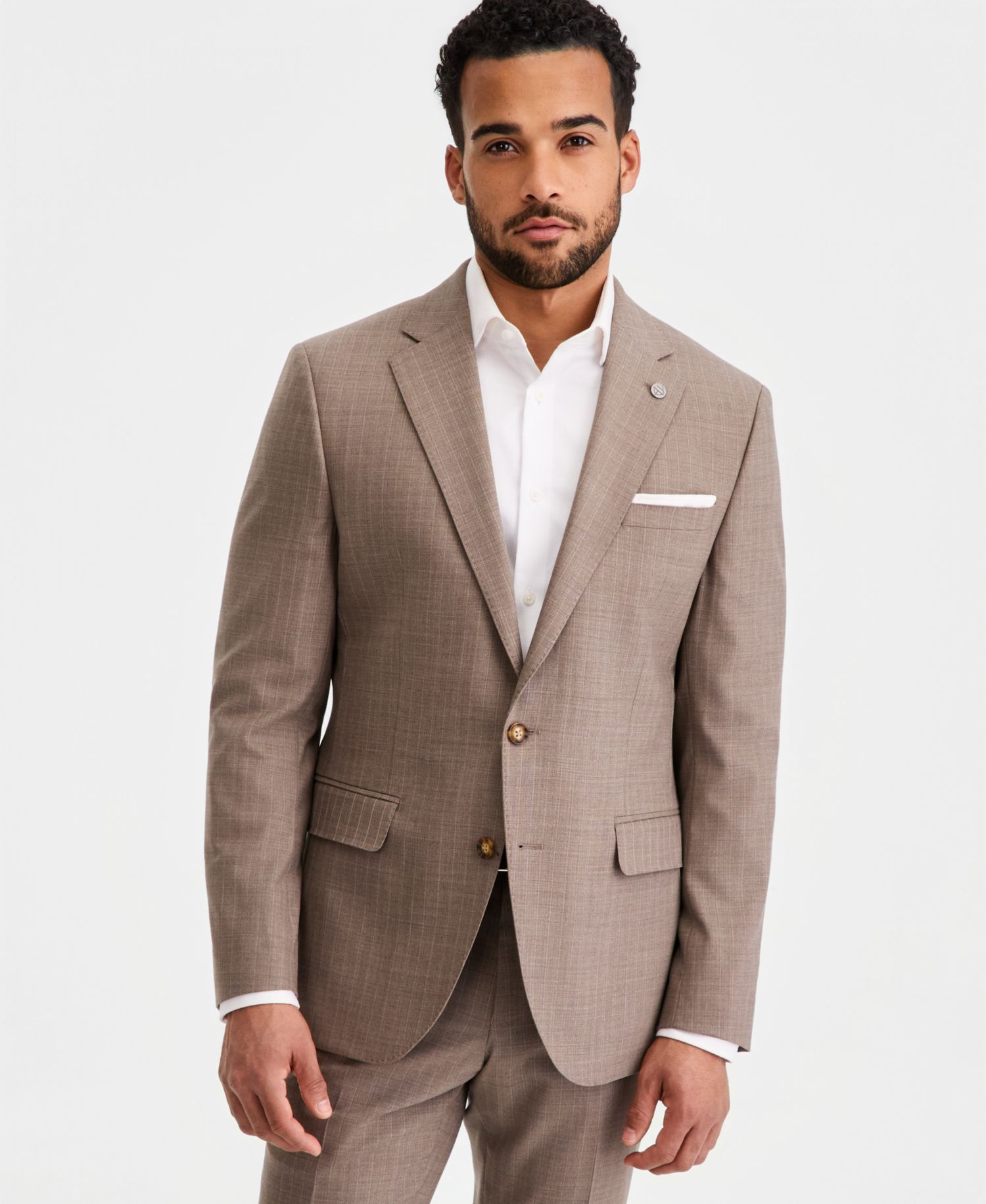 Men's Modern-Fit Wool-Blend Tan Pinstripe Suit Separates