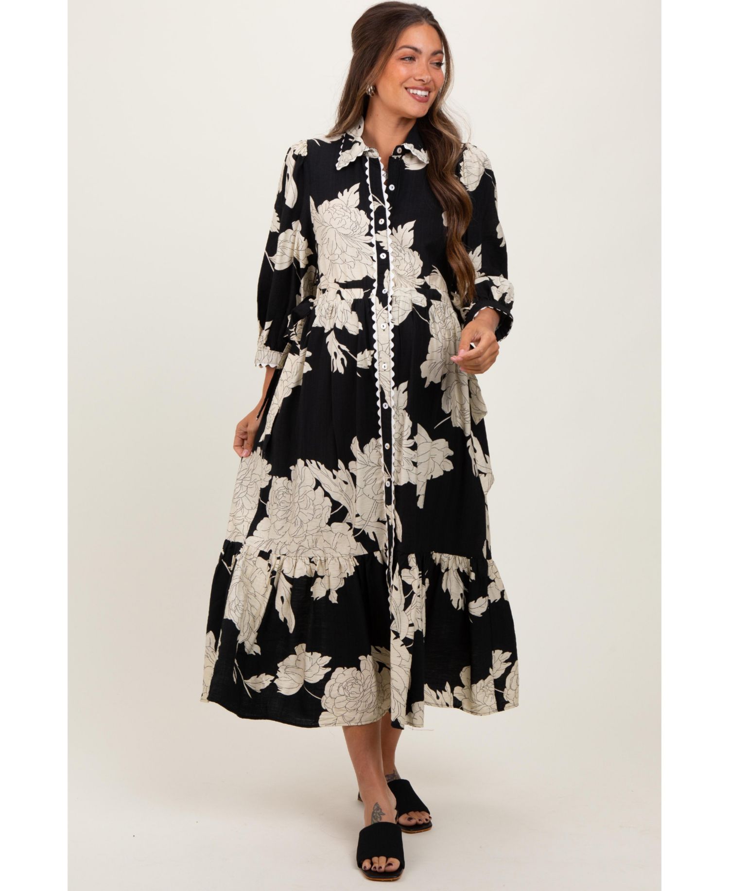 Women's Black Floral Print Cinched Tie Waist Shirt Dress