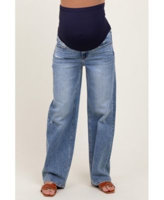 Maternity Blue Distressed Vintage Wash Wide Leg Jeans
