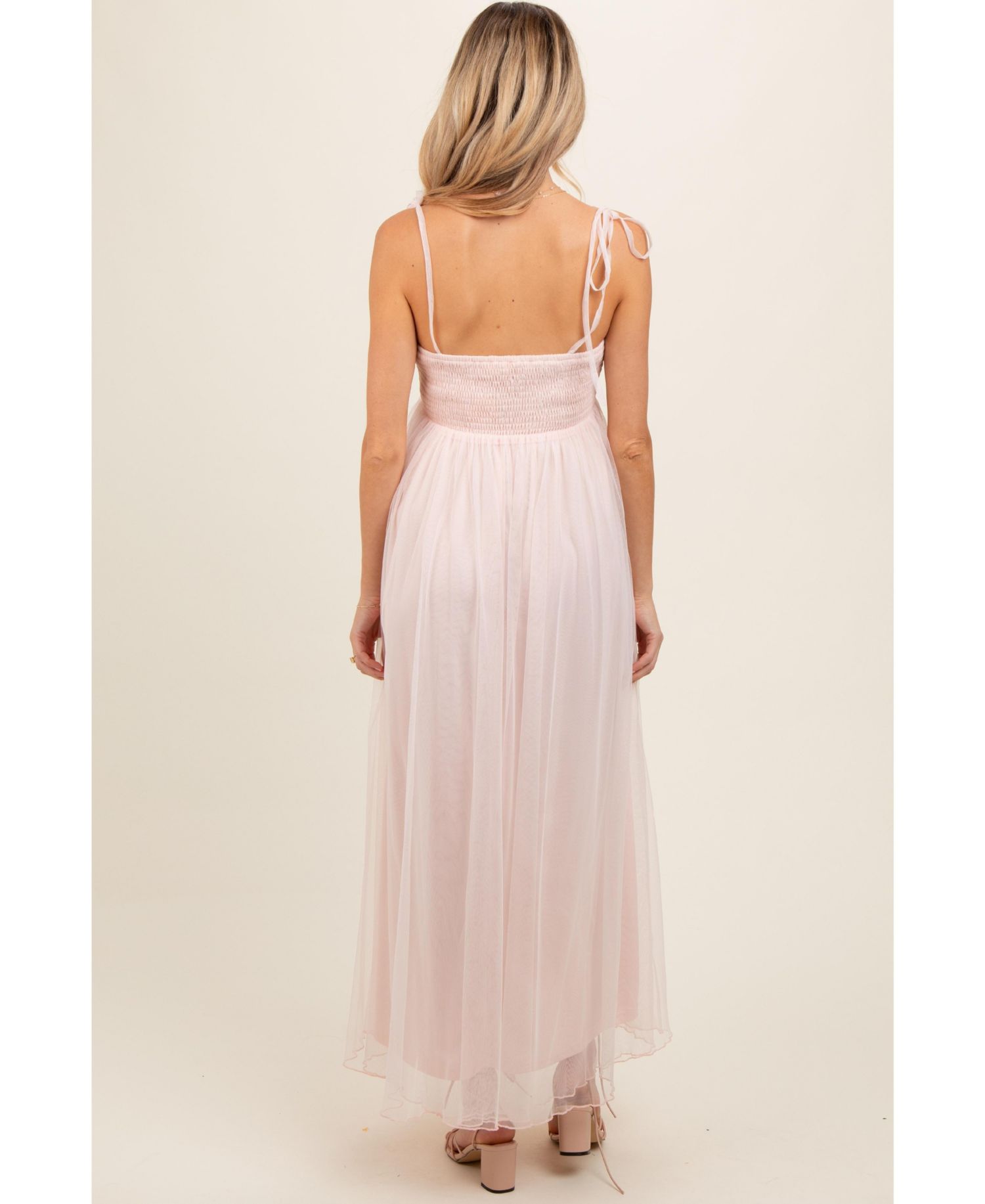 Women's Light Pink Square Neck Shoulder Tie Tulle Maxi Dress