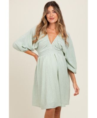 Maternity Sage Striped Balloon Sleeve V-Neck Dress