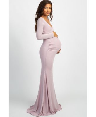 Maternity Pink Metallic Off Shoulder Long Sleeve Wrap Photoshoot Gown/Dress