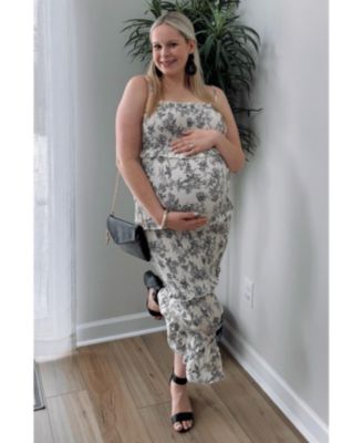 Maternity Cream Floral Smocked Fitted Midi Dress