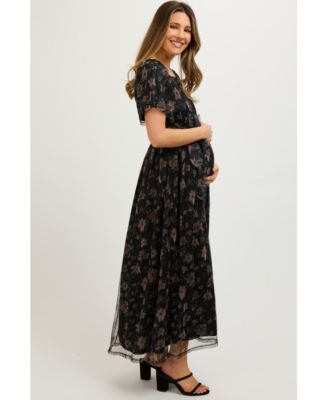 Maternity Black Floral Waist Tie Midi Dress