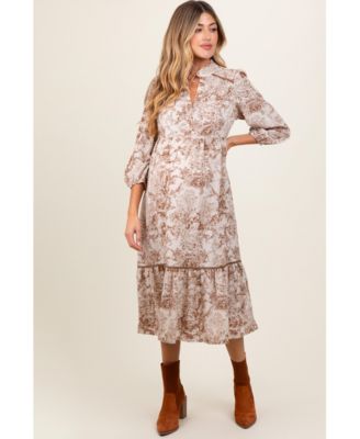Maternity Brown Printed Split Ruffle Collar Midi Dress