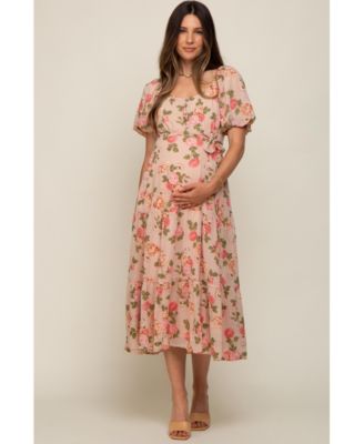 Maternity Pink Floral Button Puff Sleeve Midi Dress