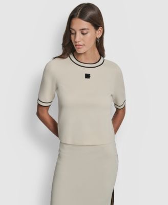 Women's Cropped Color Block Elbow Sleeve Sweater