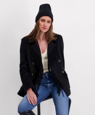 Women's Double Breasted Patch Pocket Wool Jacket with Fringe