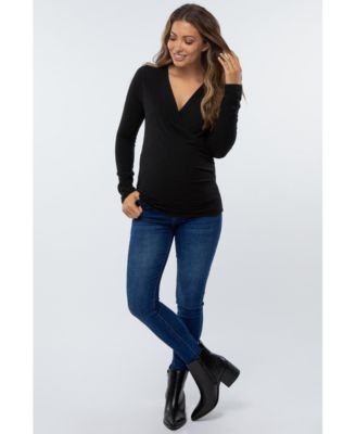 Maternity Navy Blue Brushed Knit Wrap Front Top