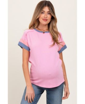 Maternity Pink Ribbed Colorblock Detail Short Sleeve Top