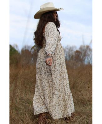 Maternity Cream Floral Smocked Long Sleeve Maxi Dress
