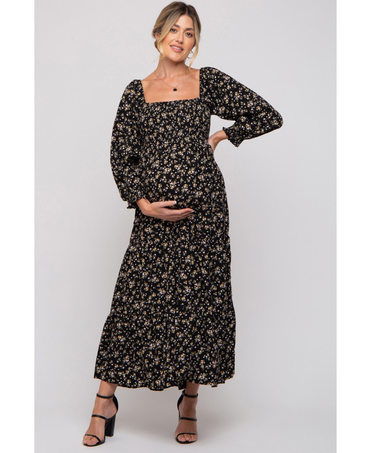 Women's Black Floral Smocked Long Sleeve Maxi Dress