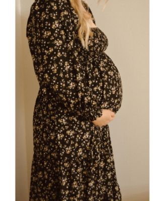 Maternity Cream Floral Smocked Long Sleeve Maxi Dress
