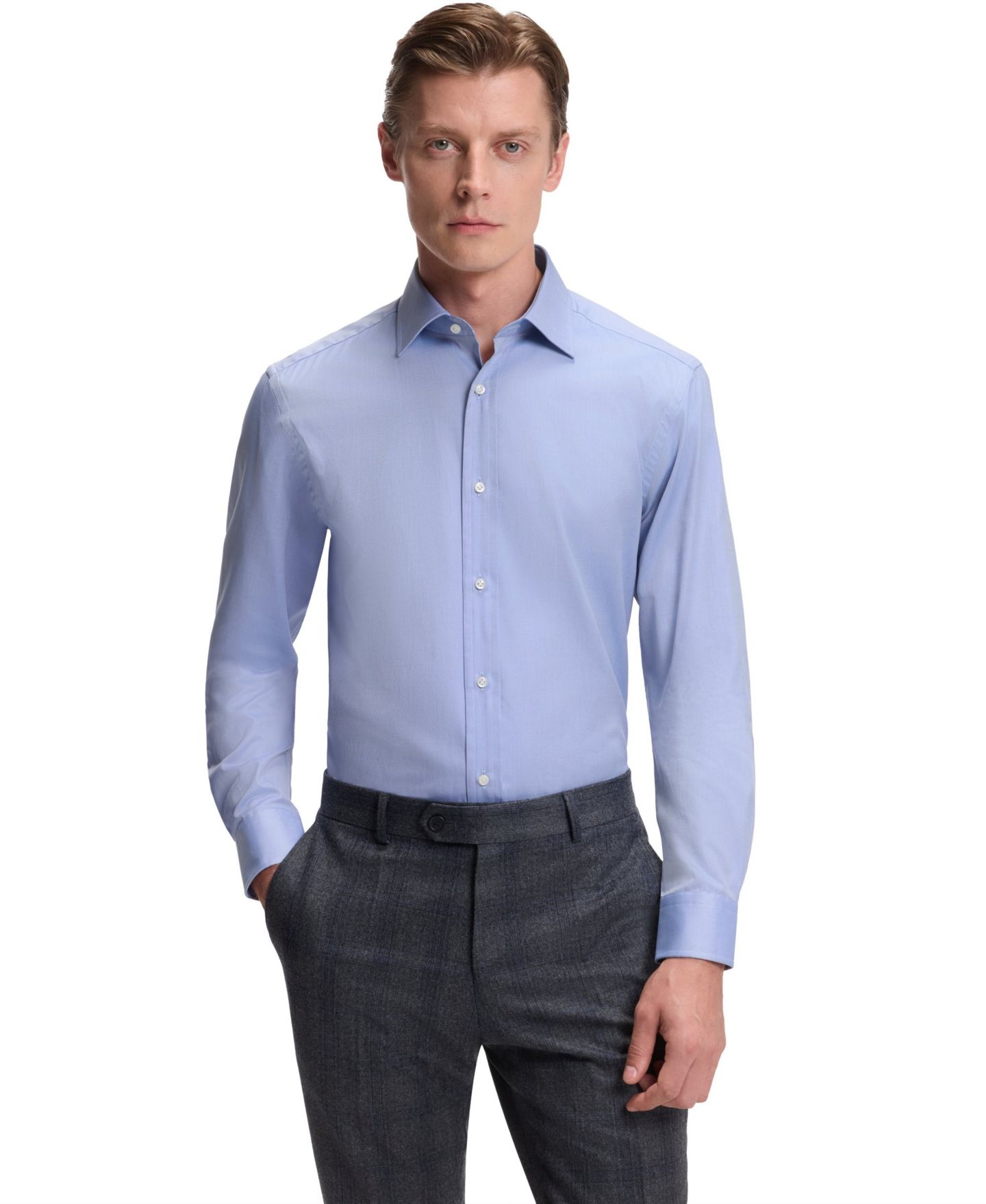 Мужская рубашка Hugo Boss Beckham x BOSS Oxford Cotton Slim-Fit Dress Shirt, цвет: Тёмный синий — фото 1