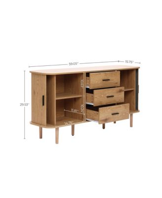 Oak Finish MDF Wood 3-Drawer Sideboard Cabinet with Sliding Doors & Rounded Corners