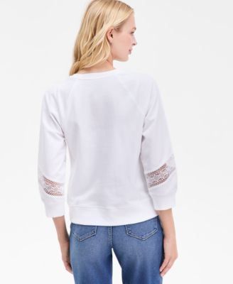 Women's Pleated Lace-Trim 3/4-Sleeve Sweatshirt