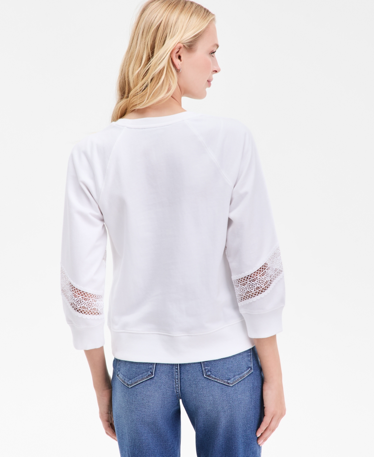 Nautica Jeans Women's Pleated Lace-trim 3/4-sleeve Sweatshirt In White