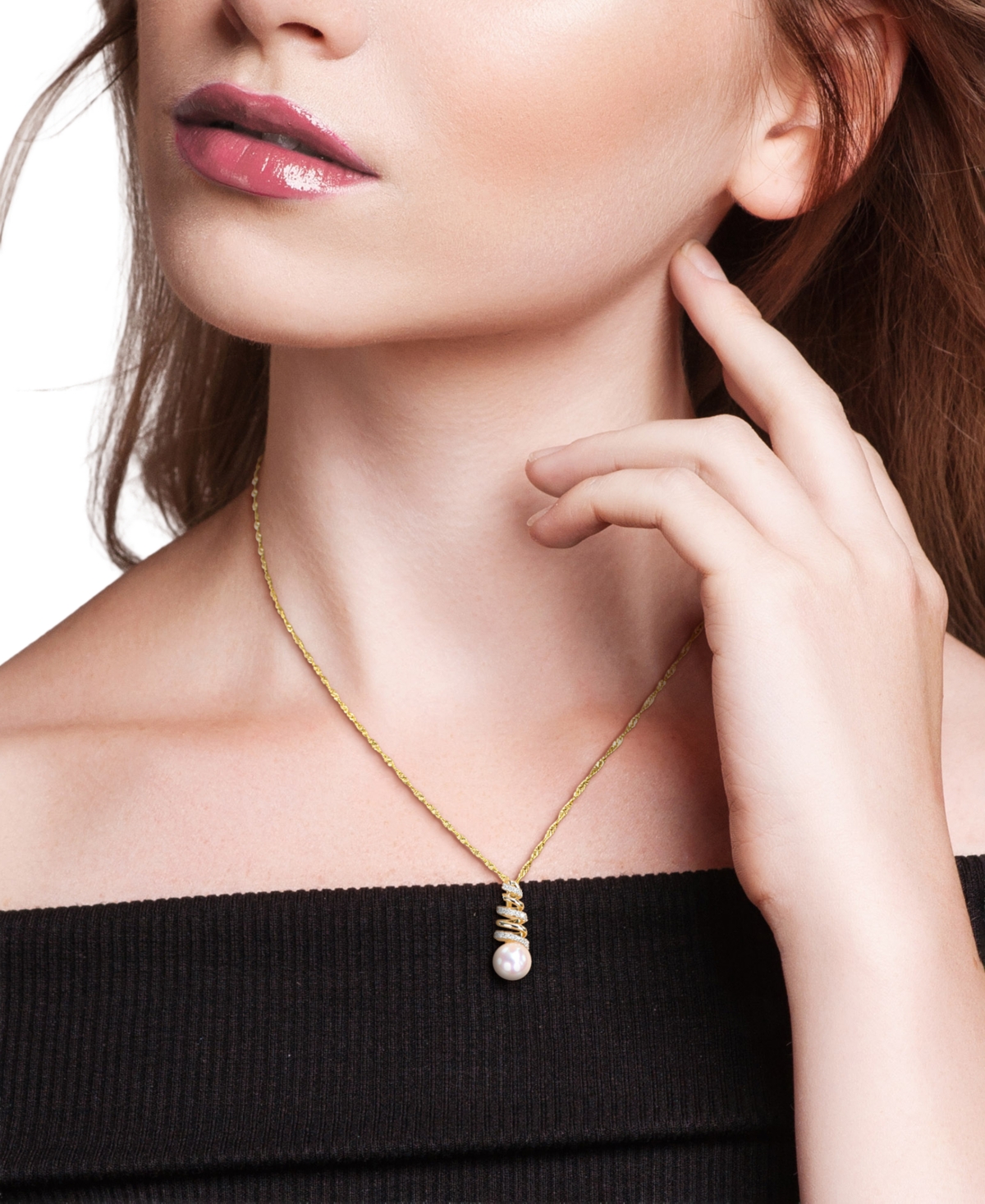 Macy's Cultured Freshwater Pearl (8mm) & Diamond (1/10 ct. t.w.) Spiral 17" Pendant Necklace in 10k Gold