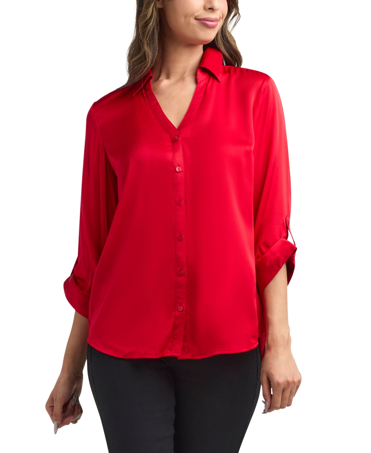 Bcx Juniors Stretch Satin Button-up 3/4-sleeve Top In Red