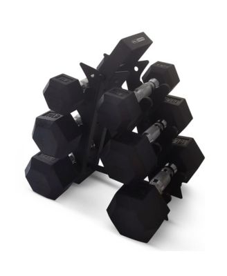 Hexagonal Dumbbell Free Hand Weight Set w/Rack, 5, 10, & 15 Lbs, Black