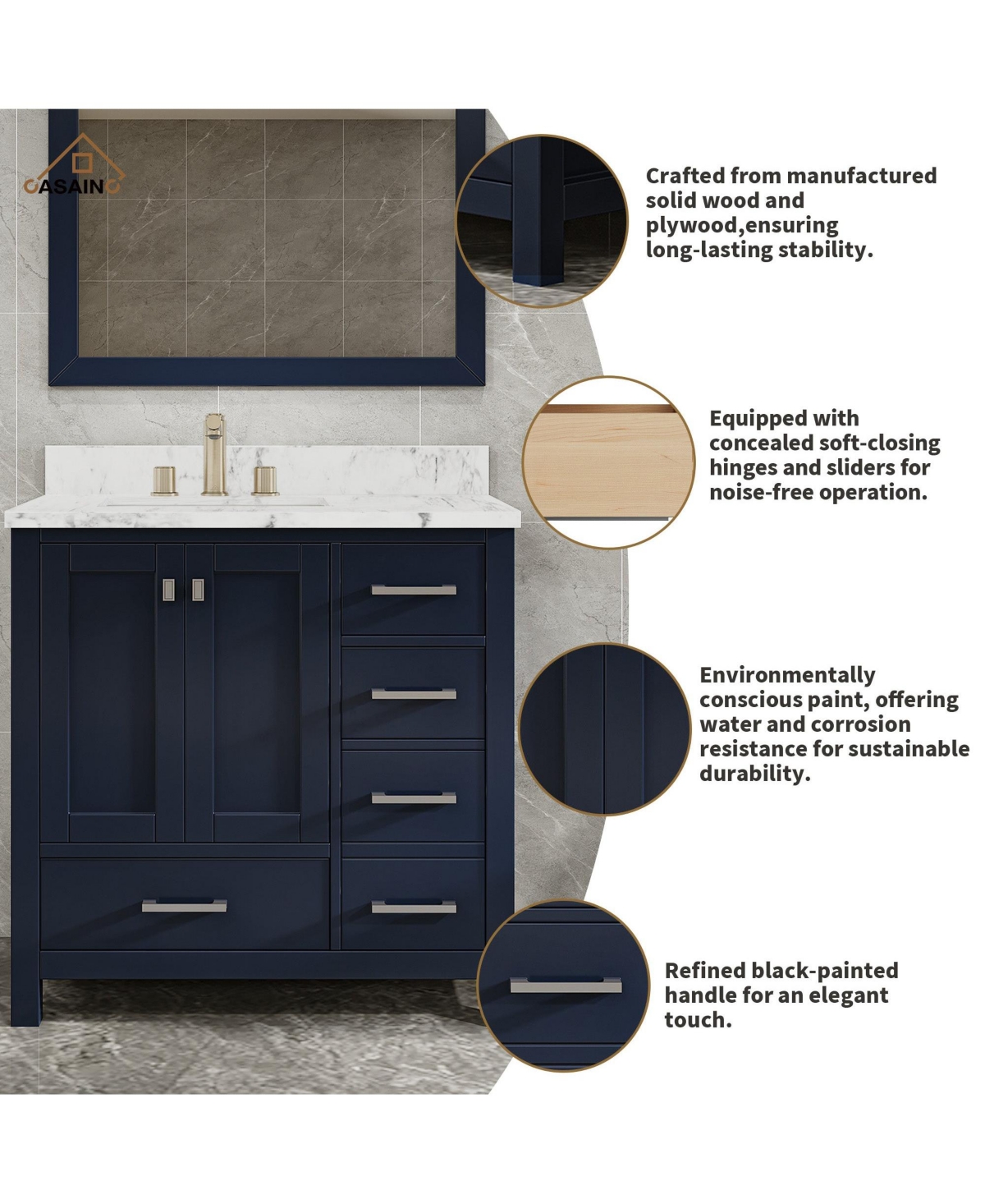 Casainc -Inch Solid Wood Bathroom Vanity with Matching Top and Ceramic Basin