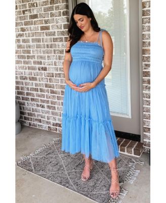 Maternity Light Blue Smocked Mesh Midi Dress