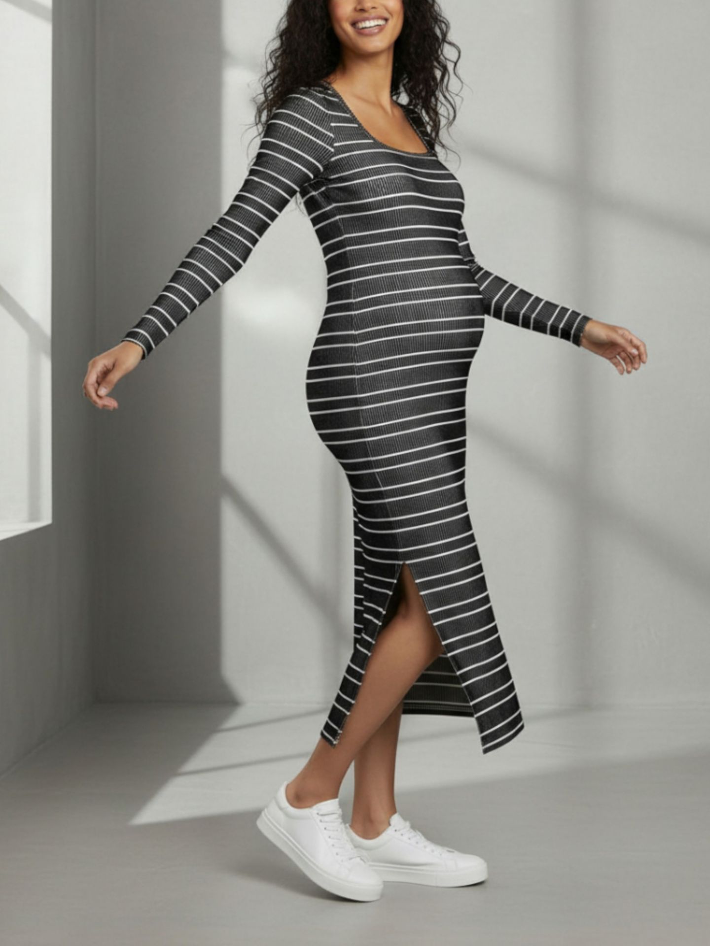 Женское платье Motherhood Maternity Square Neck Rib Knit Long Sleeve Bodycon Maxi Dress - Motherhood, цвет: Чёрный / Белый — фото 3
