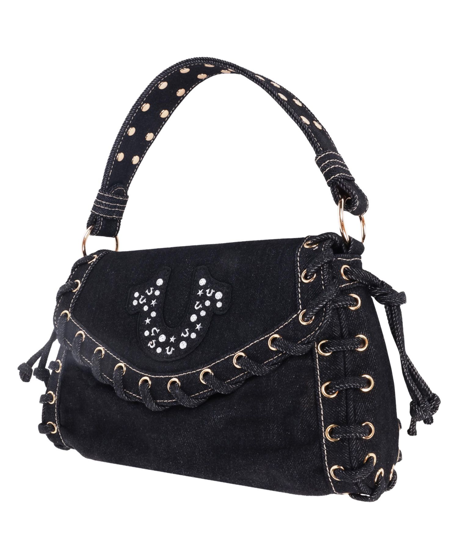 Studded Horseshoe Eyelet Denim Flap Bag