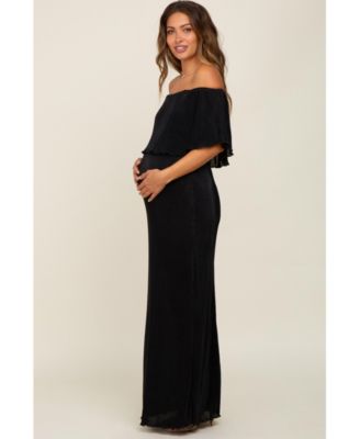 Maternity Forest Green Pleated Ruffle Off Shoulder Maxi Dress