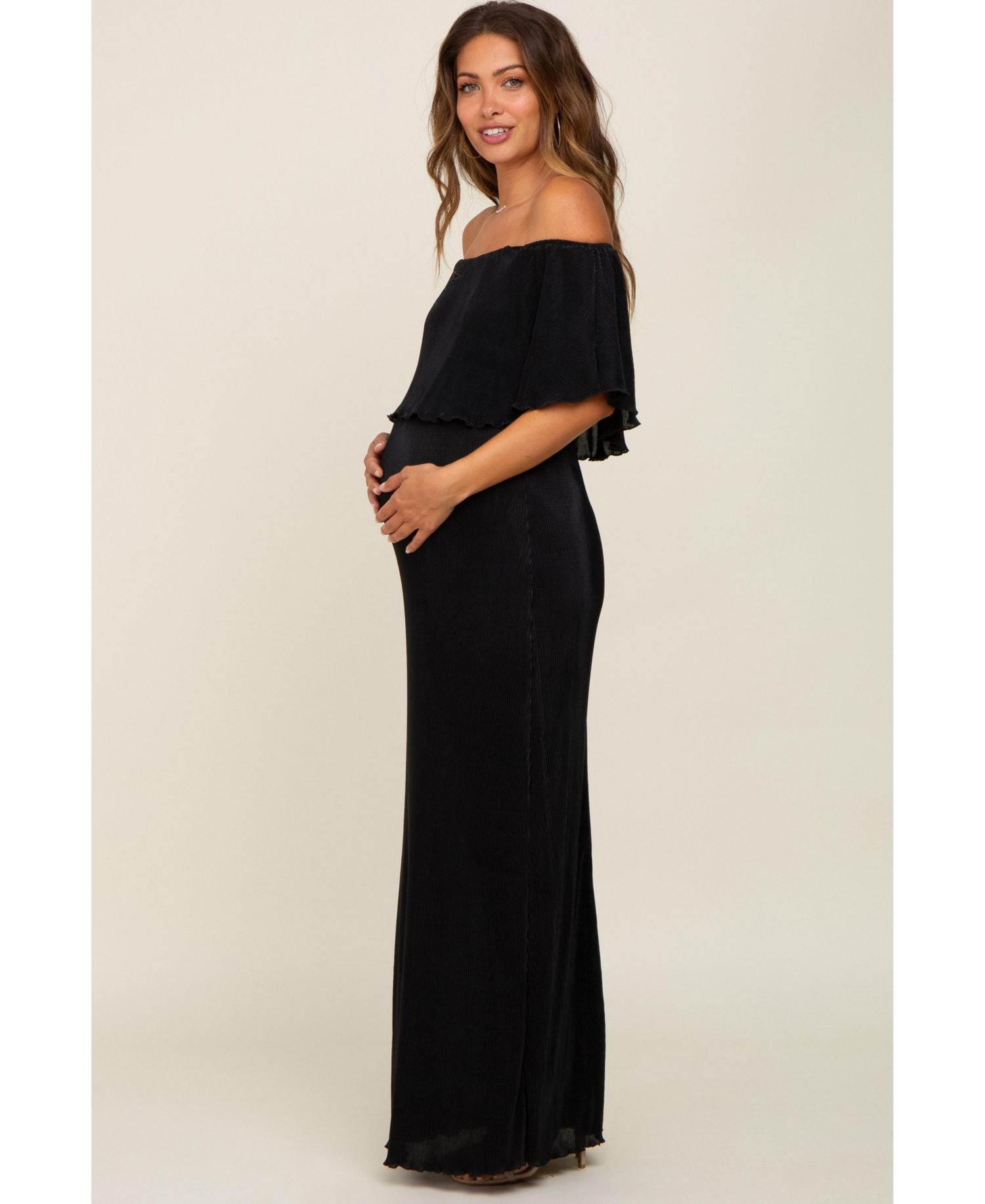 Women's Burgundy Pleated Ruffle Off Shoulder Maxi Dress