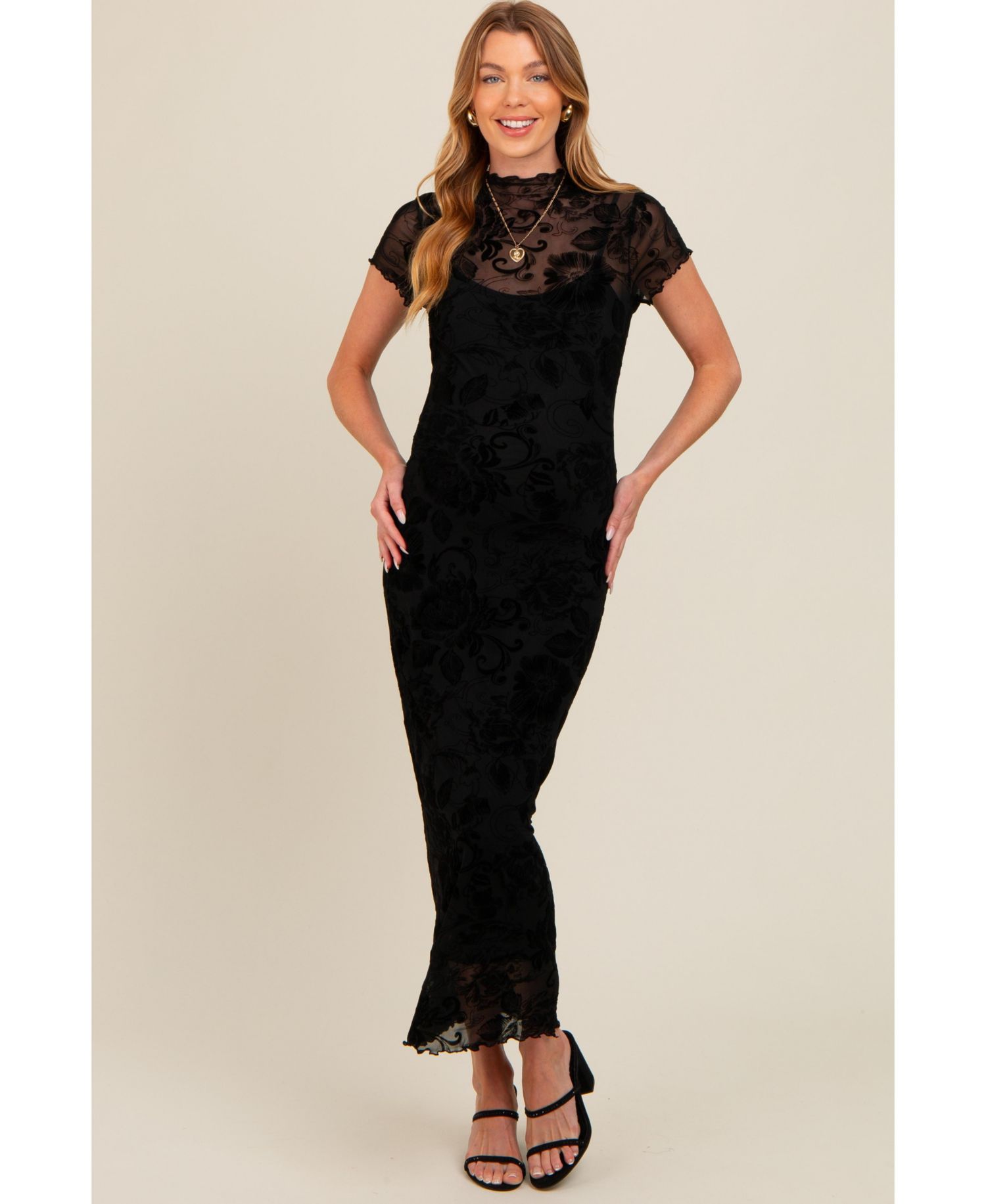 Women's Black Floral Mesh Overlay Fitted Maxi Dress