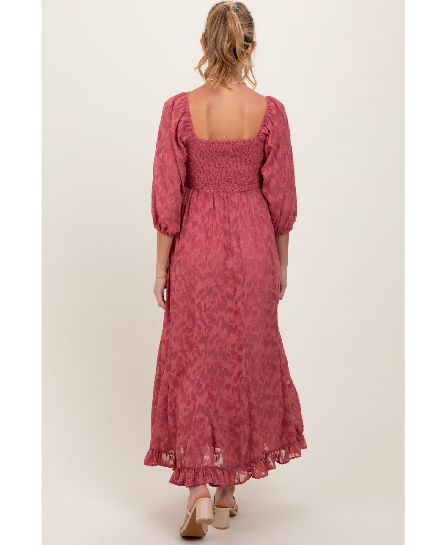 Women's Mauve Textured Overlay Smocked Ruffled Hem Maxi Dress