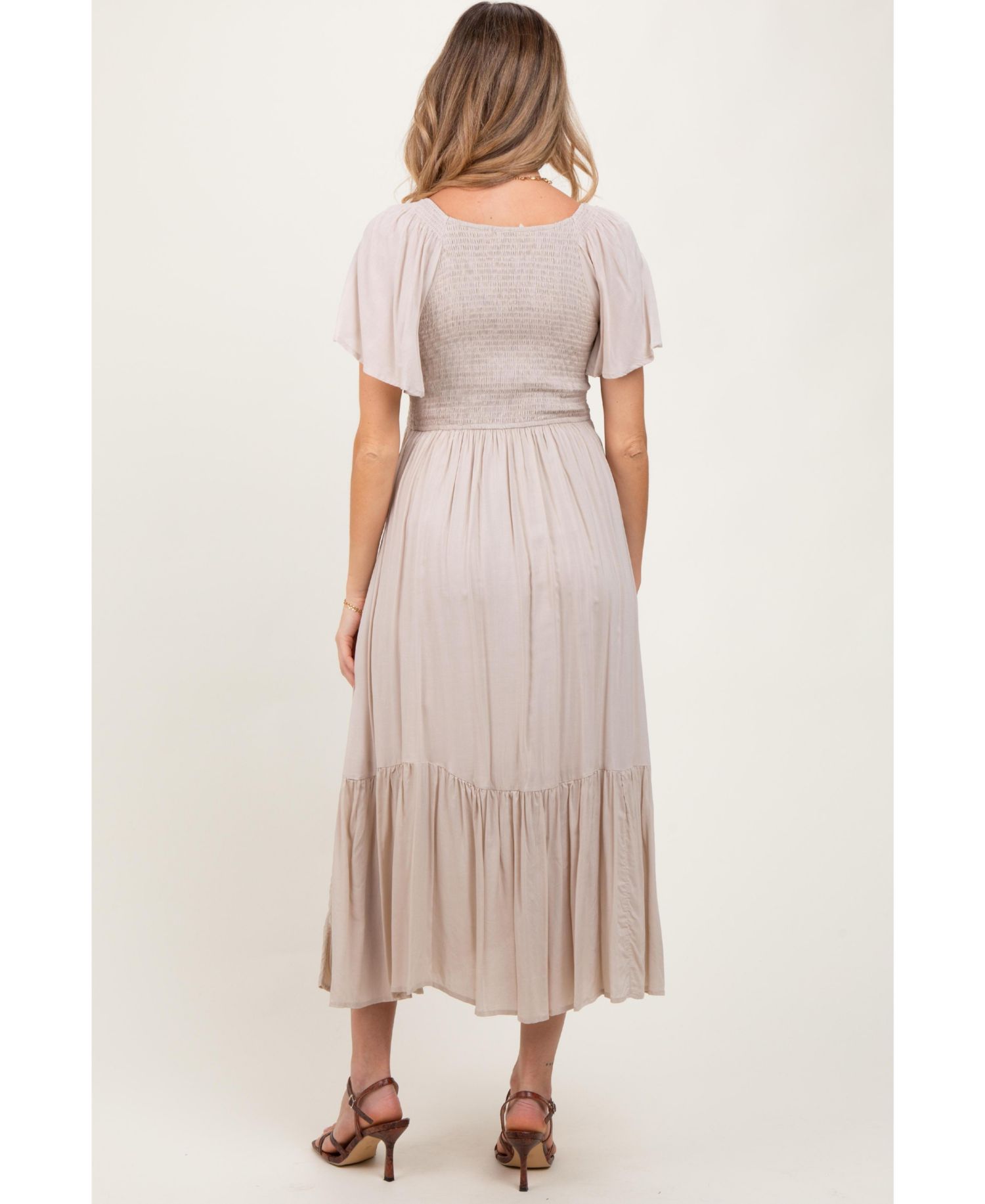 Women's Cream Smocked Flutter Sleeve Midi Dress