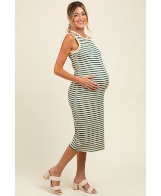 Maternity Deep Teal Striped Ribbed Knit Sleeveless Midi Dress
