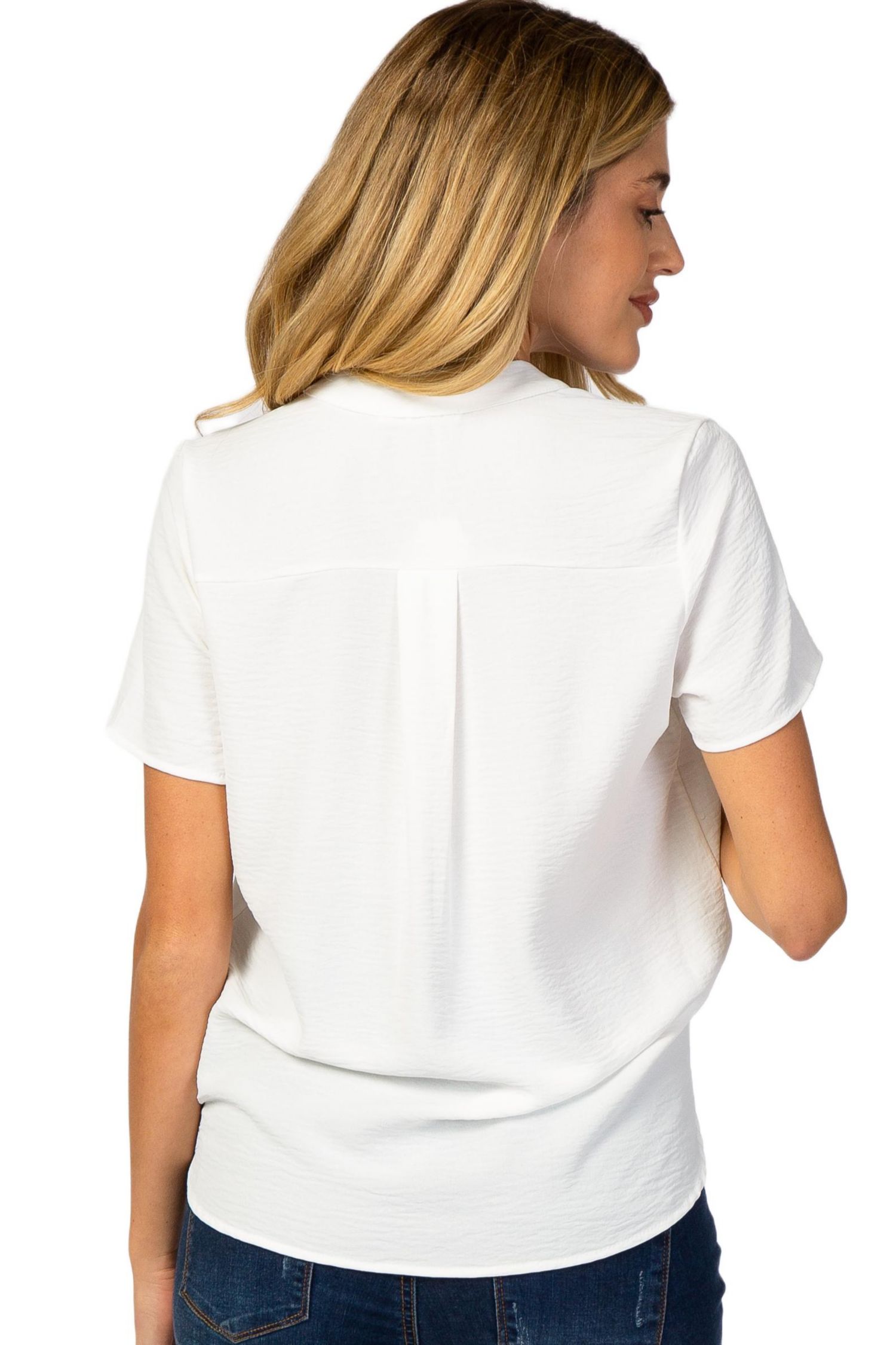 Women's White Short Sleeve V-Neck Blouse
