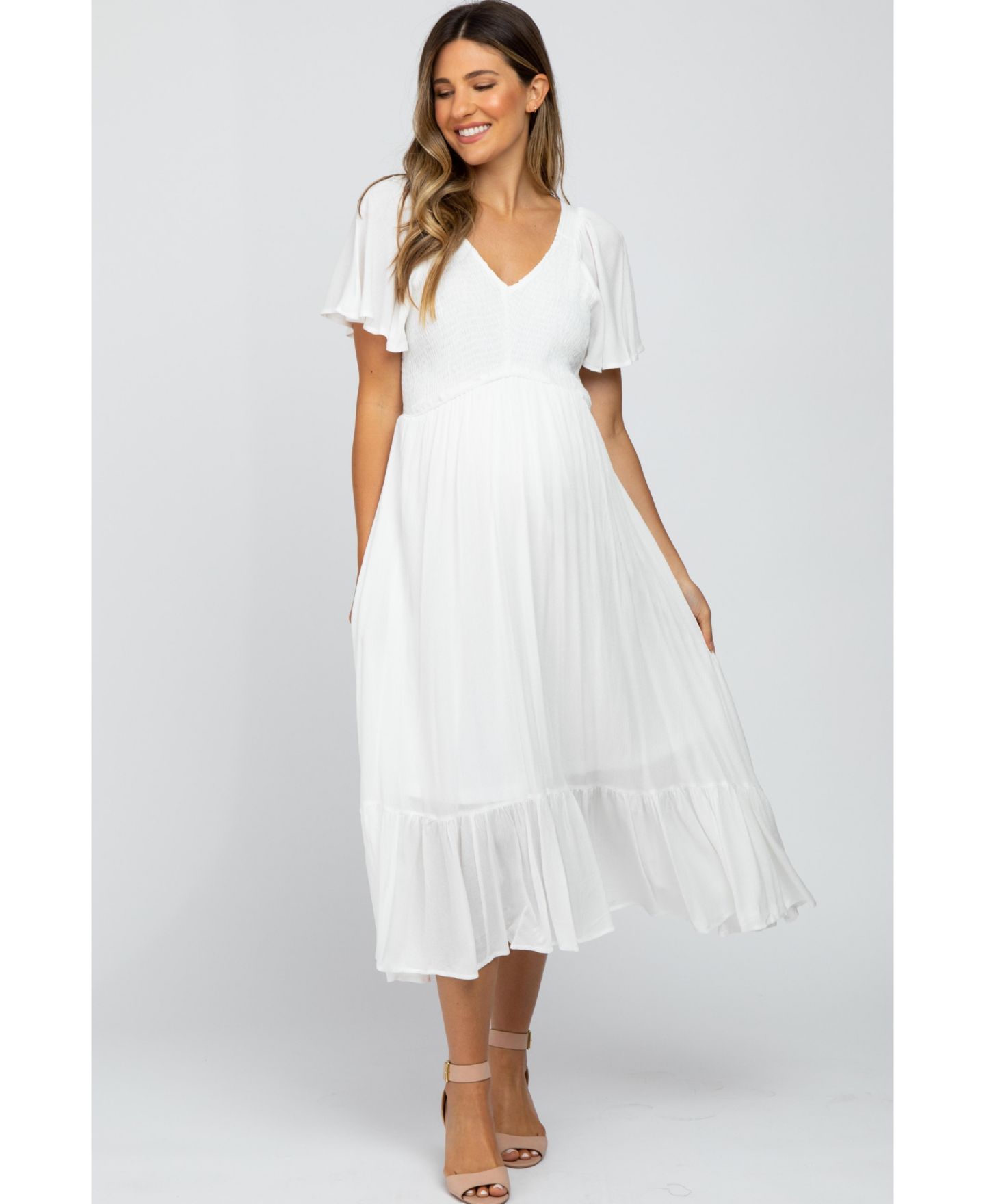 Женское платье Pinkblush Mauve Smocked V-Neck Midi, цвет: Слоновая кость — фото 6