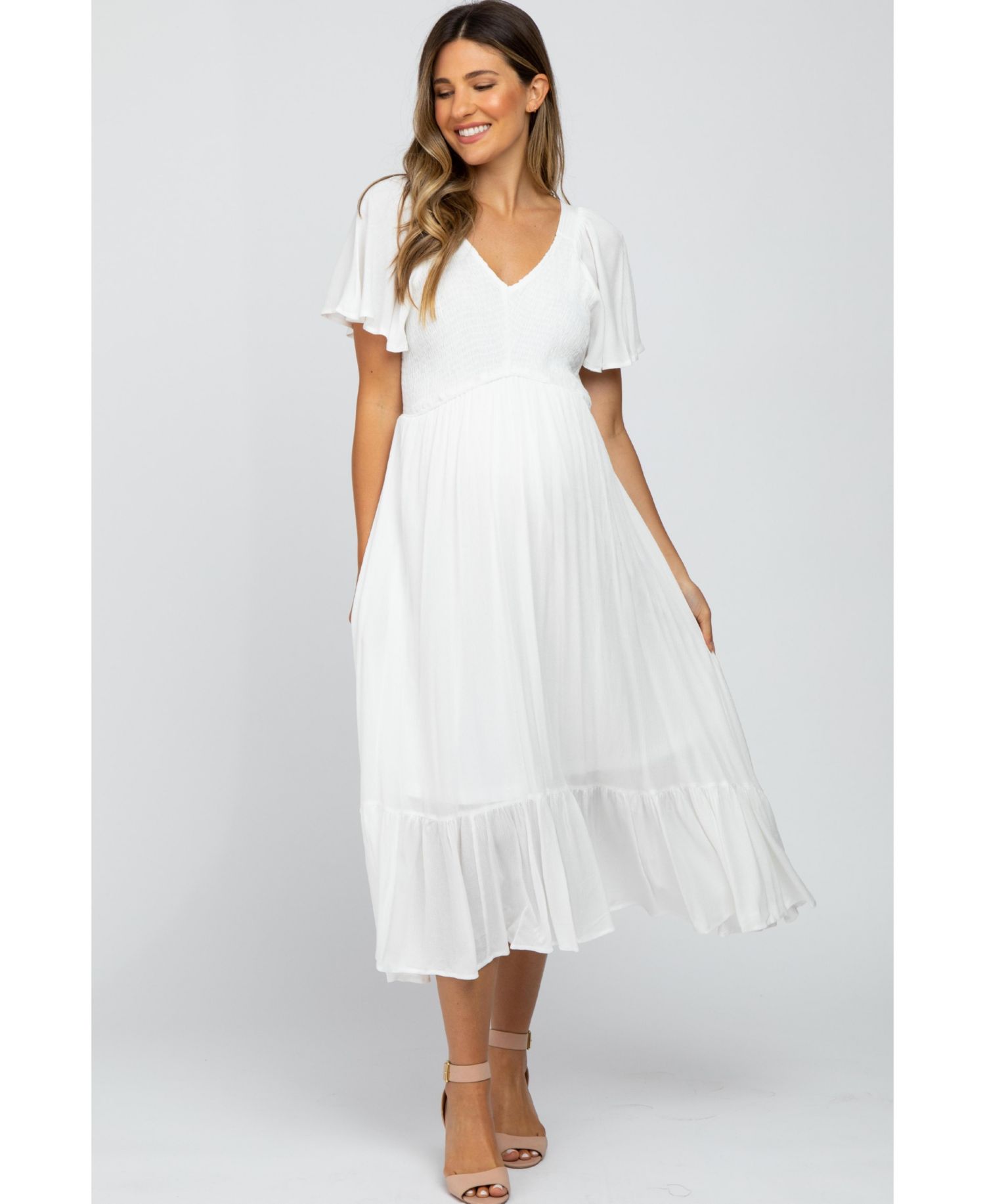 Women's Mauve Smocked V-Neck Midi Dress