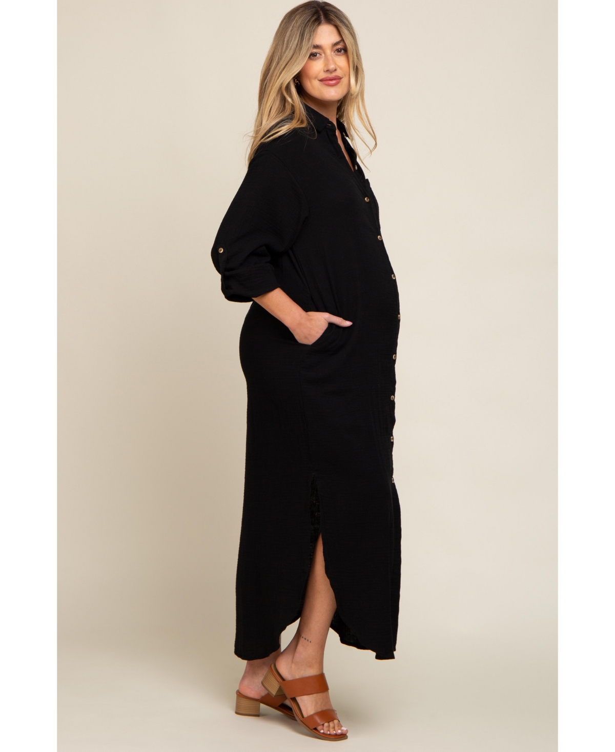 Pinkblush Black Button Down 3/4 Sleeve Maternity Midi Dress