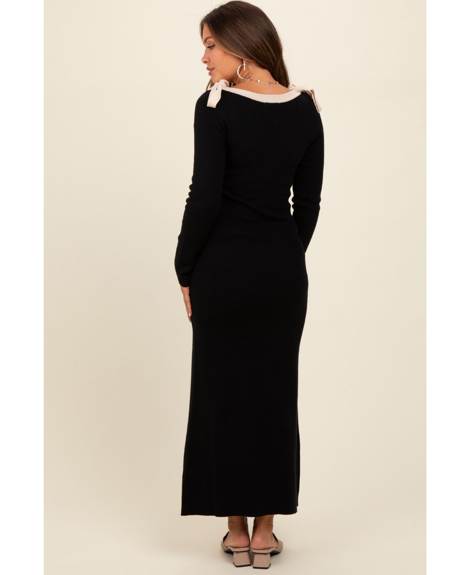 Women's Black Shoulder Bow Detail Maxi Sweater Dress
