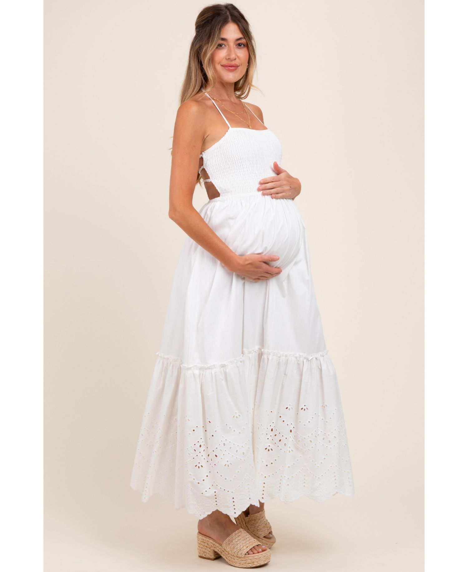Women's White Smocked Open Back Lace Hem Maxi Dress