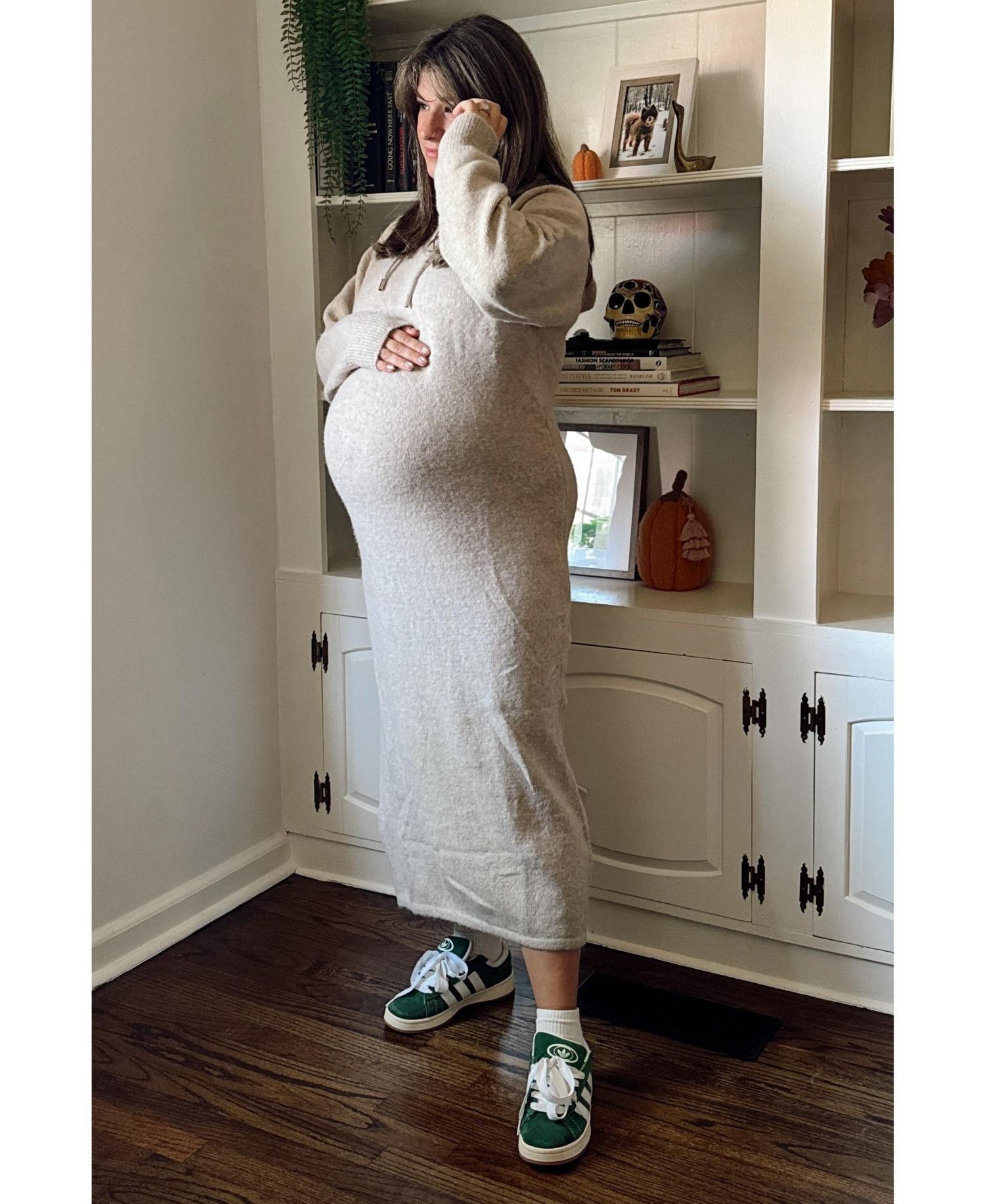 Maternity Beige Hooded Sweater Midi Dress
