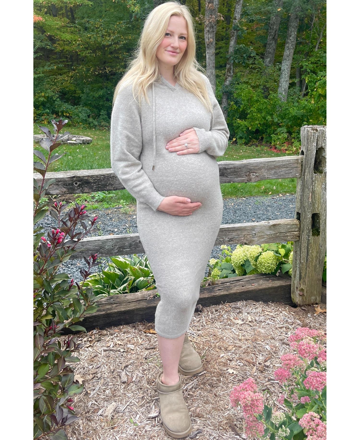 Maternity Beige Hooded Sweater Midi Dress